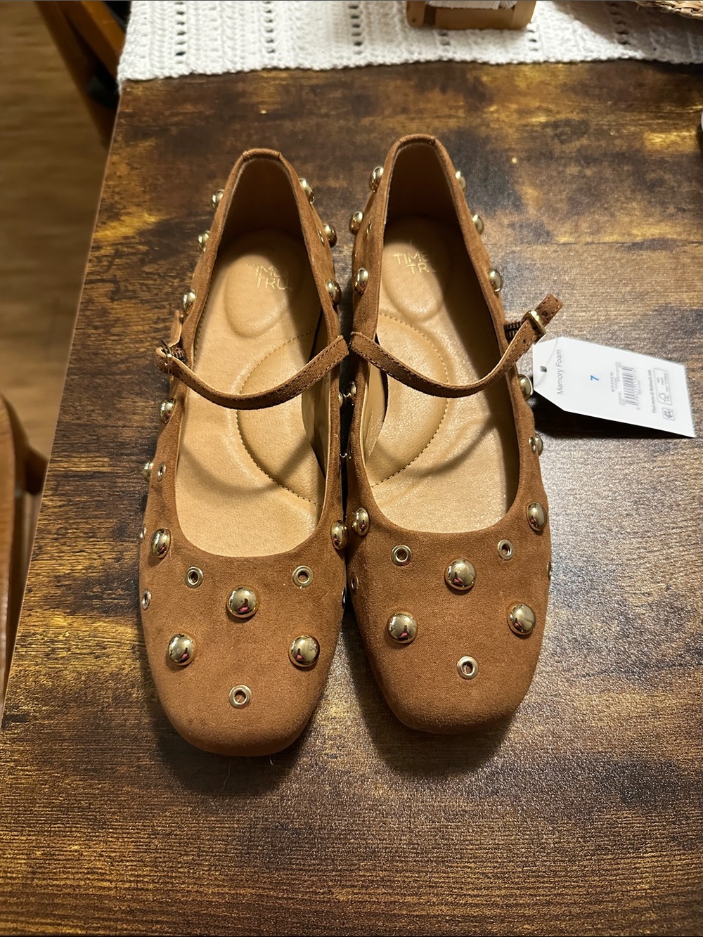 Time and Tru Tan Studded Mary Jane Flats